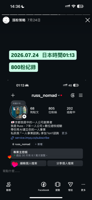 2026/07/24 突破800粉